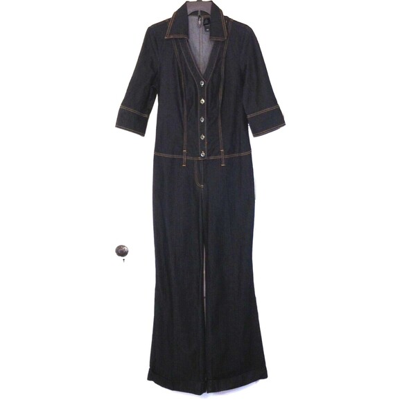 Vtg Bisou Bisou Jumpsuit Wn L Dark Denim Jean 3/4 Sleeve Flare Leg Y2K Western - Picture 1 of 11